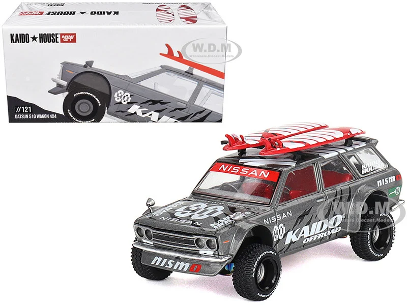 Datsun Kaido 510 Wagon 4x4 RHD (Right Hand Drive) "Kaido Offroad V1" Gray Metallic with Red Interior and Surfboards on Roof (Designed by Jun Imai) "Kaido House" Special 1/64 Diecast Model Car by Mini GT - Datsun Models
