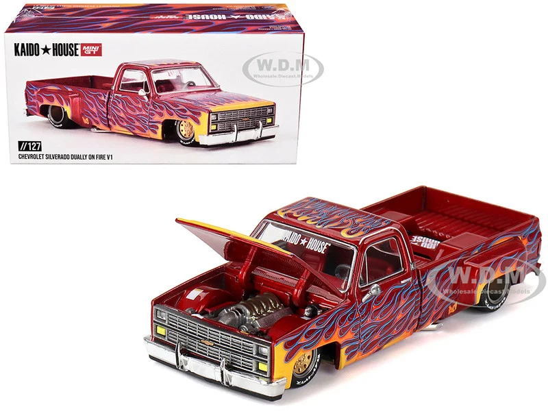 Chevrolet Silverado Dually Pickup Truck "On Fire V1" Red Metallic with Flames and Red Interior (Designed by Jun Imai) "Kaido House" Special 1/64 Diecast Model Car by Mini GT - Chevrolet Models