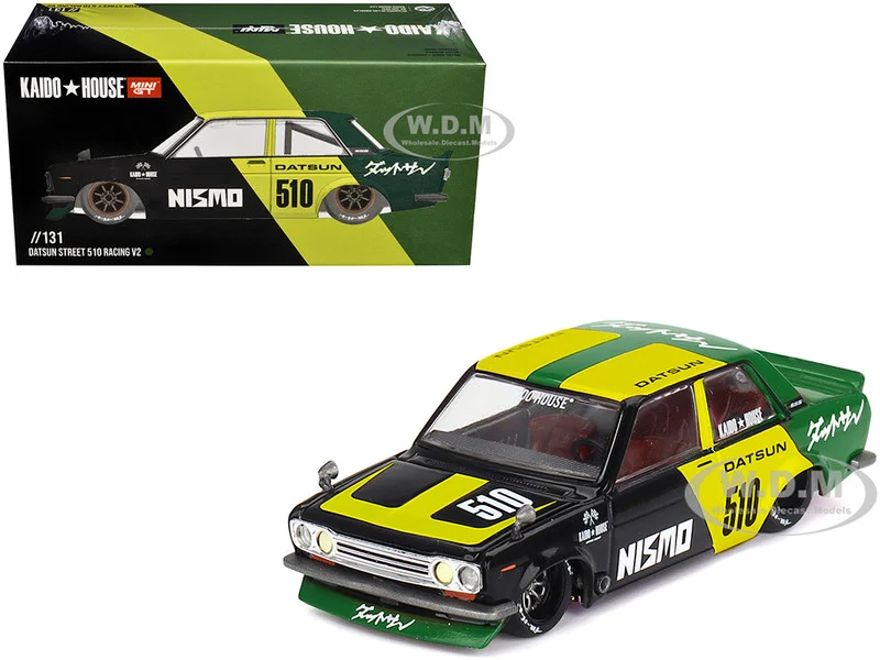 Datsun Street 510 "Racing V2" Black and Green with Yellow Accents (Designed by Jun Imai) "Kaido House" Special 1/64 Diecast Model Car by Mini GT - Datsun Models
