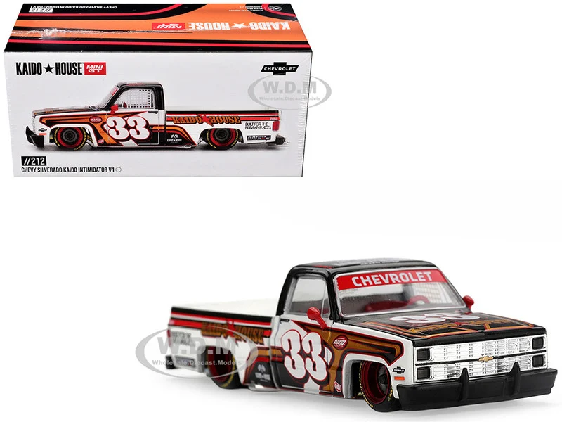 Chevrolet Silverado Pickup Truck #33 "Kaido Intimidator V1" White and Black with Graphics (Designed by Jun Imai) "Kaido House" Special 1/64 Diecast Model Car by Mini GT - Chevrolet Models