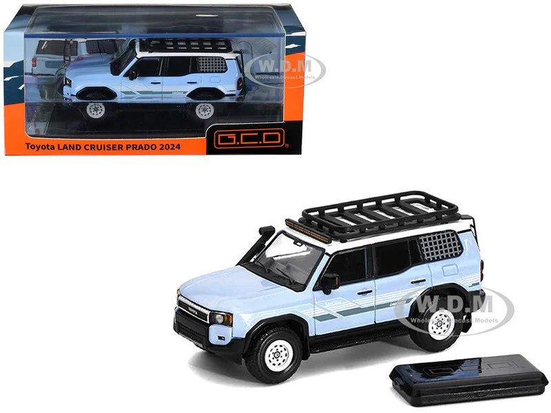 2024 Toyota Land Cruiser Prado Light Blue with White Top and Stripes with Roof Rack and Accessory 1/64 Diecast Model Car by GCD - Toyota Models