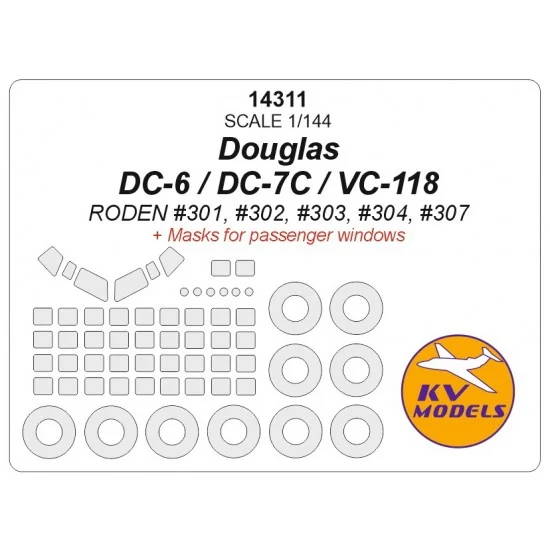 KV Models 14311 1/144 DC-6/DC-7C/VC-118 Passengers Windows & Wheels Masks for Roden #301/302/303/304/307