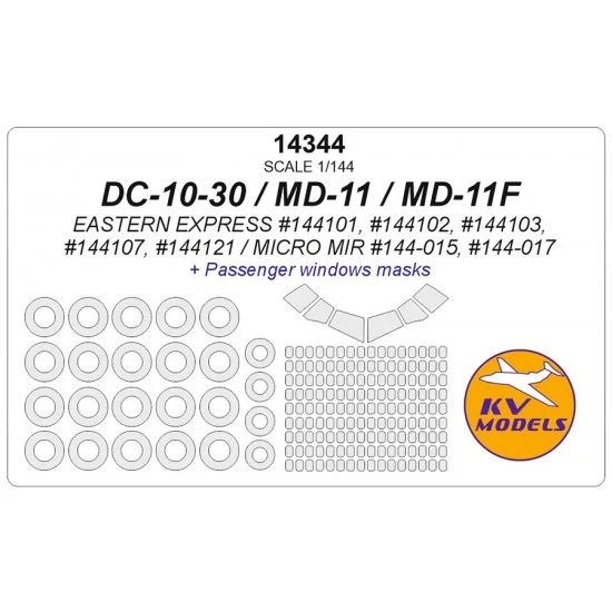 KV Models 14344 1/144 DC-10-30/MD-11 Passenger Windows & Wheels Masks for Eastern Express/Micro Mir kits