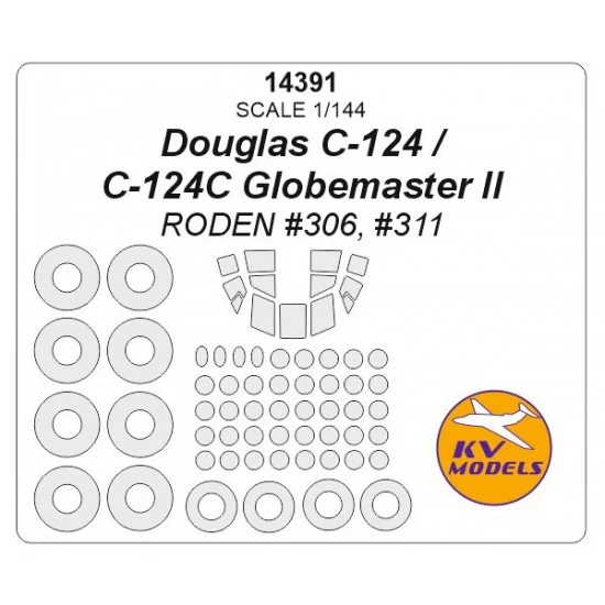 KV Models 14391 1/144 Douglas C-124/124C Globemaster II Side Windows & Wheels Masks for Roden #306/311