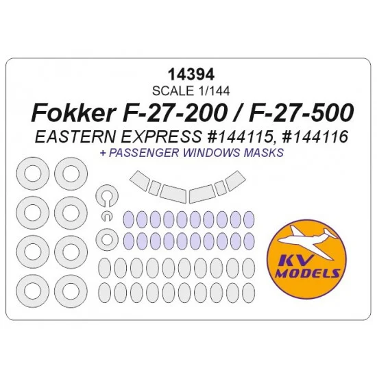 KV Models 14394 1/144 Fokker F-27-200/500 Passenger Windows & Wheels Masks for Eastern Express kits