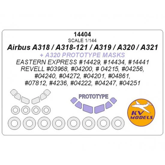 KV Models 14404 1/144 Airbus A318/A318-121/A319/A320/A321 Masks for Eastern Express/Revell kits