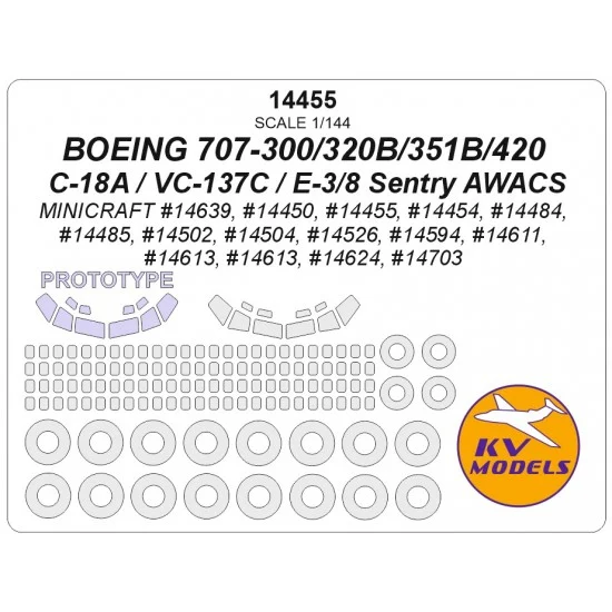 KV Models 14455 1/144 US Boeing 707-300/320B/351B /420/C-18A/VC-137C Sentry AWACS Masks for Minicraft