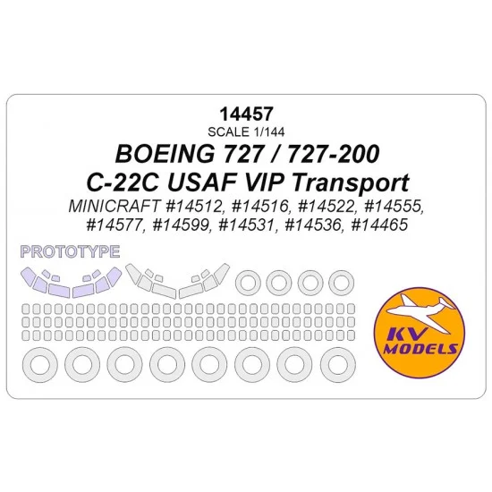 KV Models 14457 1/144 US Boeing 727 / 727-200 / C-22C USAF VIP Transport Masks for Minicraft kits