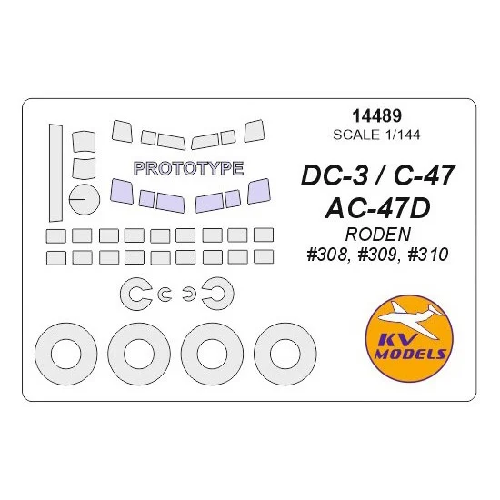 KV Models 14489 1/144 DC-3 / C-47 / AC-47D Prototype & Wheels Masks for Roden #308, #309, #310