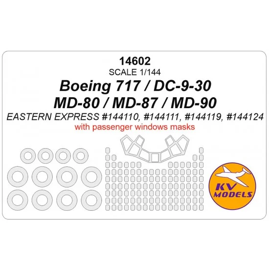 KV Models 14602 1/144 Boeing 717/DC-9-30/MD-80/MD-87 Passenger Windows & Wheels Masks for Eastern Express