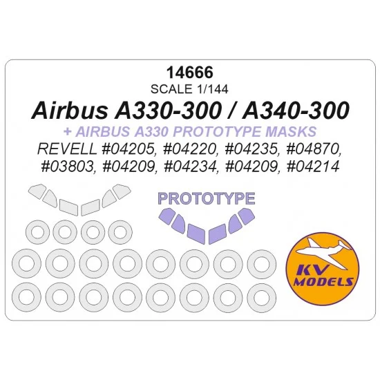 KV Models 14666 1/144 Airbus A330-300 & 330 prototype Masks for Revell w/Wheels Masks