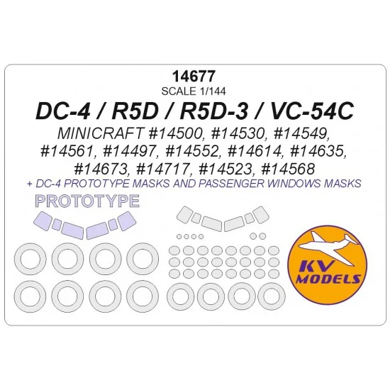 KV Models 14677 1/144 Douglas DC-4/R5D/R5D-3/VC-54C Masking for Minicraft kits