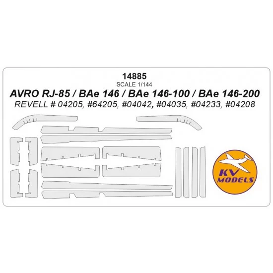KV Models 14885 1/144 Avro RJ-85/Bae 146/146-100/146-200 Masking for Revell # 04205/64205/04042/04035