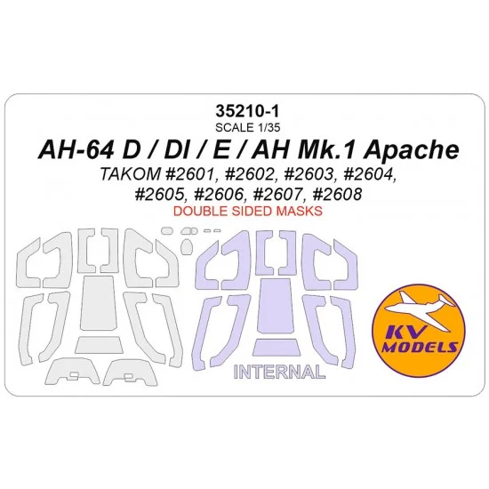 KV Models 35210-1 1/35 US AH-64 D/DI/E/AH Mk. 1 Apache Canopies Masks for Takom (double-side)