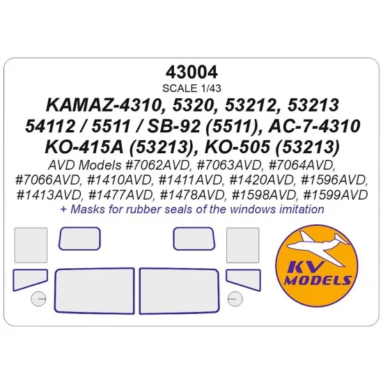 KV Models 43004 1/43 KamAZ 4310/5320/53212/Mixer Truck SB-92 Masks for AVD Models