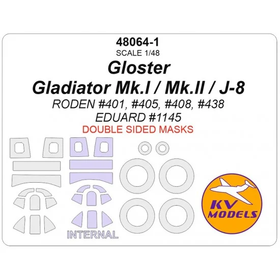 KV Models 48064-1 1/48 Gloster Gladiator Mk.I/Mk.II/J-8 Masks for Roden/Eduard #1145 [Double-sided]