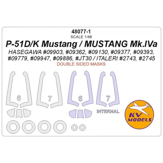 KV Models 48077-1 1/48 P-51D/K Mustang Mk.IVa Masks for Hasegawa / Italeri w/Wheels Masks (Double sided)