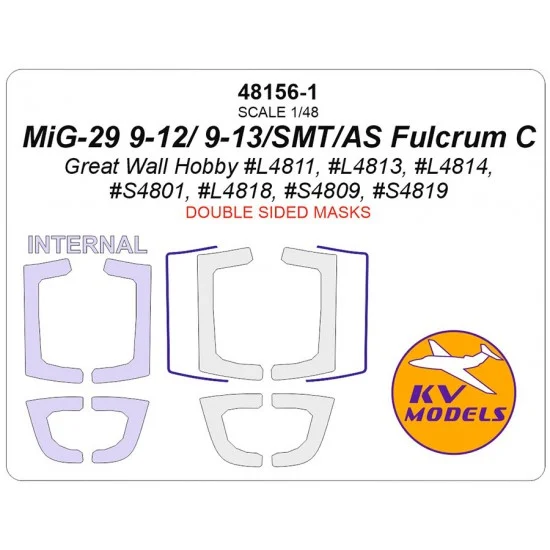 KV Models 48156-1 1/48 RU MiG-29 9-12/ 9-13/SMT/AS Fulcrum C Masks for Great Wall Hobby (double-side)