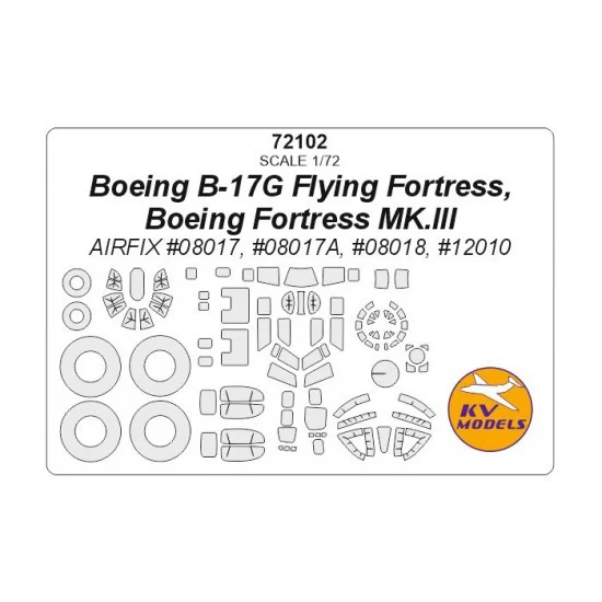 KV Models 72102 1/72 Boeing B-17G Flying Fortress, Fortress MK.III Masking w/Wheels Masks for Airfix kits
