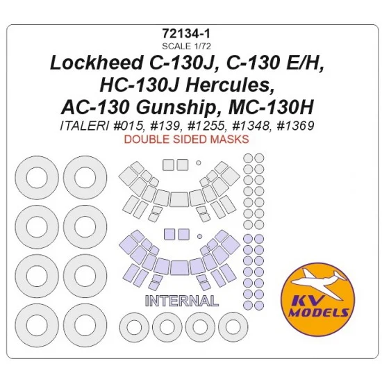 KV Models 72134-1 1/72 C-130J/E/H, HC-130J Hercules, AC-130 Gunship, MC-130H Double sided Masking