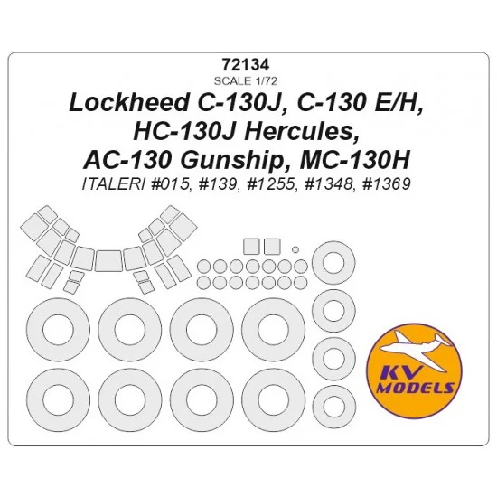 KV Models 72134 1/72 C-130J/E/H, HC-130J Hercules, AC-130 Gunship, MC-130H Masking for Italeri kits