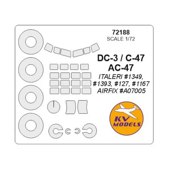 KV Models 72188 1/72 DC-3/C-47/AC-47 Masking for Italeri #1349, #1393, #127, #1167/Airfix #A07005