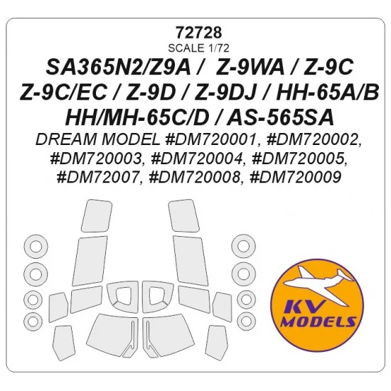 KV Models 72728 1/72 Sa365N2/Z9A/ Z-9Wa/9C/9C/Ec/Z-9D/9Dj/Hh-65A/B/Hh/Mh-65C/D/As-565Sa Masking for Dream