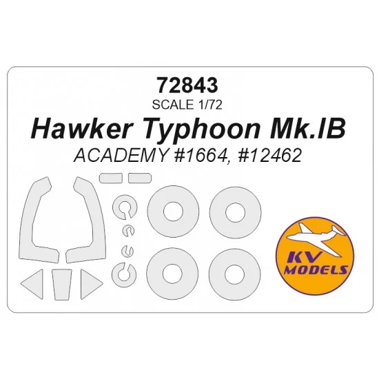KV Models 72843 1/72 Hawker Typhoon Mk.IB Masks for Academy #1664, 12462 (canopies and wheels) - Model Planes