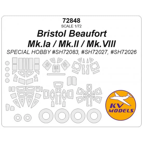 KV Models 72848 1/72 Bristol Beaufort Mk.Ia/Mk.II/Mk.VIII Masks for Special Hobby (canopies and wheels) - Model Planes