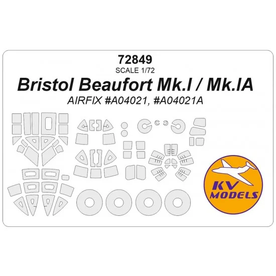 KV Models 72849 1/72 Bristol Beaufort Mk.I/Mk.IA Masks for Airfix #A04021/A04021A (canopies and wheels) - Model Planes