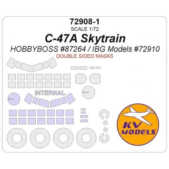 KV Models 72908-1 1/72 C-47 Skytrain Double-Sided Mask Set (Wheels Mask Incl.) for HobbyBoss Kits
