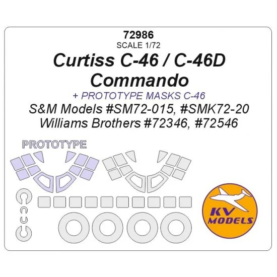 KV Models 72986 1/72 Curtiss C-46 / D Commando Paint Masking for S&M Models #72-015/72-20/Williams Brothers #72346, #72546