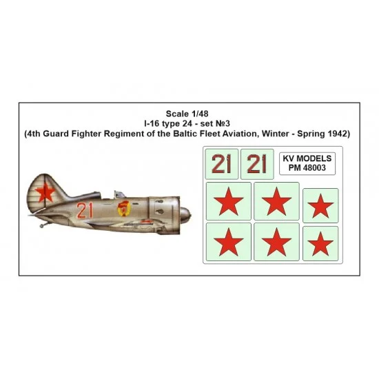 KV Models PM48003 1/48 I-16 Type 24 Stencil 4th Guard Fighter Regiment of the Baltic Fleet Aviation 1942