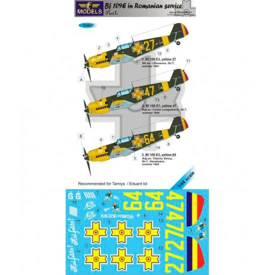 LF Models LFC4807 1/48 Bf 109E-3/E-7 Romania I. 3 Decal Options for Tamiya/Eduard kit