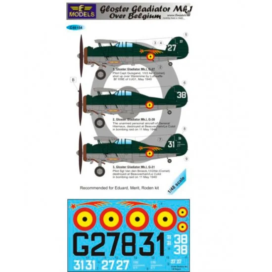 LF Models LFC48154 1/48 Gloster Gladiator Mk.I over Belgium 3 Decal Options for Eduard/Merit/Roden - Model Planes
