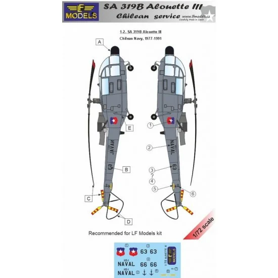 LF Models C72287 1/72 SA 319B Alouette III Chilean service Decal for LF Models - Model Planes