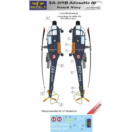 LF Models C72290 1/72 SA 319B Alouette III French Navy Decal for LF Models - Model Planes