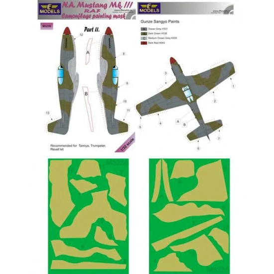 LF Models LFM3236 1/32 N.A. Mustang Mk.III RAF pt.II Camo Mask for Tamiya/Trumpeter/Revell - Model Planes