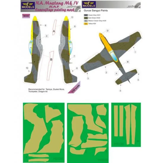 LF Models LFM3238 1/32 N.A. Mustang Mk.IV RAF Camo Mask for Tamiya/Zoukei Mura/Trumpeter/Dragon - Model Planes