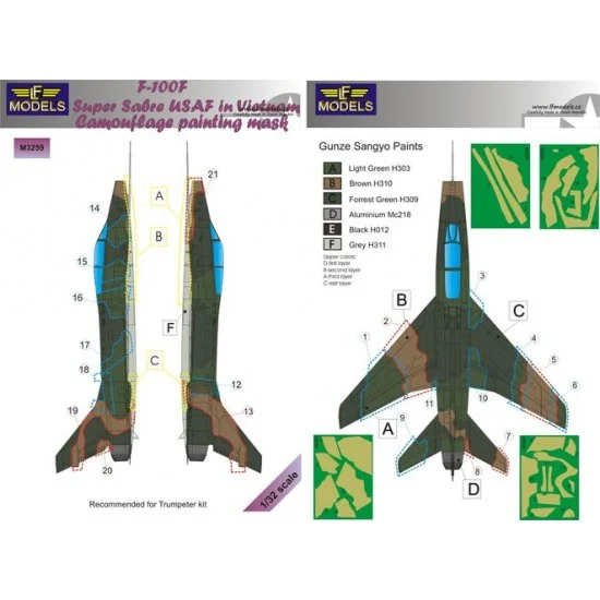 LF Models LFM3259 1/32 F-100F Super Sabre USAF in Vietnam Camouflage Painting Mask for Trumpeter