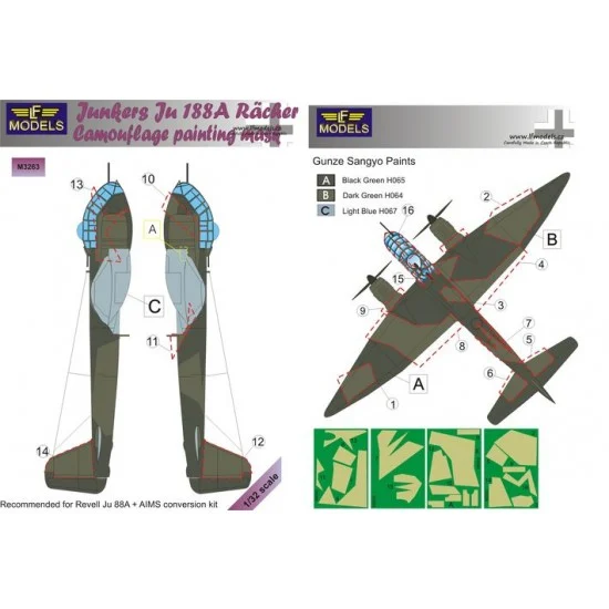 LF Models LFM3263 1/32 Junkers Ju 188A Racher Camo Mask for Revell Ju 88A + AIMS conversion. - Model Planes