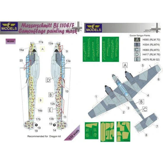 LF Models LFM3268 1/32 Messerschmitt Bf 110E/F Camouflage Painting Mask for Dragon kit. - Model Planes