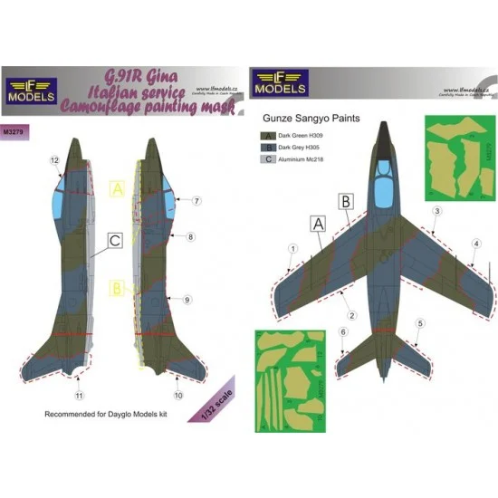 LF Models LFM3279 1/32 G.91R Gina Italian service Camouflage painting mask for Dayglo Models kit. - Model Planes