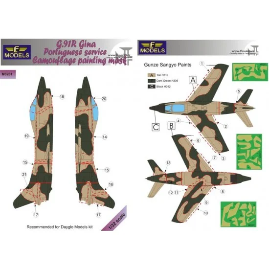 LF Models LFM3281 1/32 G.91R Gina Portuguese service Camouflage painting mask for Dayglo Models. - Model Planes