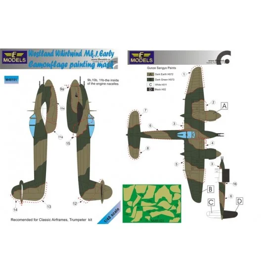 LF Models LFM48101 1/48 Westland Whirlwind Mk.I Early Camo Mask for Classic Airframes/Trumpeter . - Model Planes