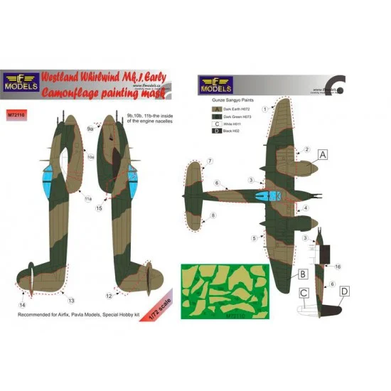 LF Models LFM72110 1/72 Westland Whirlwind Mk.I Early Camo Mask for Airfix/Pavla/Special Hobby - Model Planes