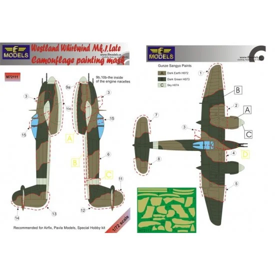 LF Models LFM72111 1/72 Westland Whirlwind Mk.I Late Camo Mask for Airfix/Pavla/Special Hobby kit - Model Planes