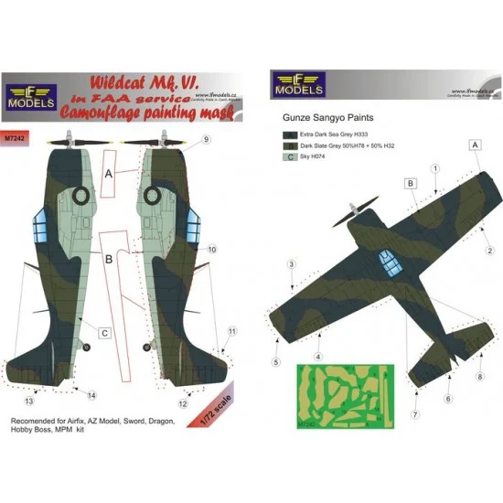 LF Models LFM7242 1/72 Grumman Wildcat Mk.VI FAA Camo Mask for Airfix/Dragon/Hobby Boss/MPM kit - Model Planes