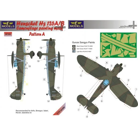 LF Models LFM7294 1/72 Henschel Hs 126A/B Pattern A Camo Mask for Airfix/Brengun/Italeri/Revell - Model Planes