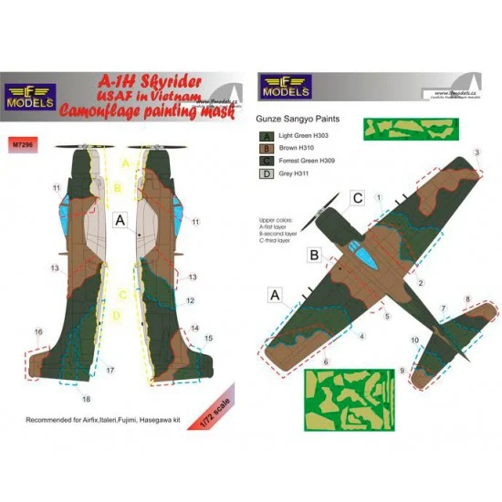 LF Models LFM7296 1/72 Douglas A-1H Skyrider USAF in Vietnam Camo Mask for Airfix/Fujimi/Hasegawa